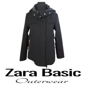 Zara Basic Black Zip Up Coat Women's Size Medium Waist Length Hooded